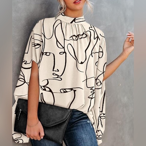 SZ S Cream and Black Abstract Face Blouse - Picture 2 of 10